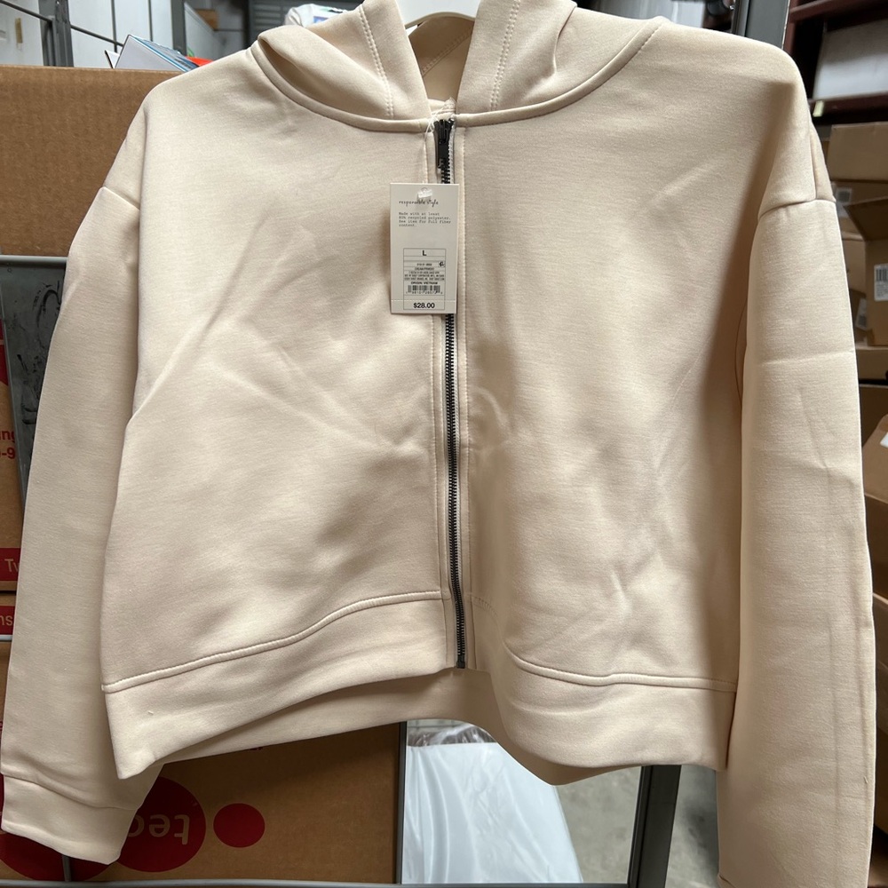 Large A New Day! Cream Zip-Up Hooded Sweatshirt - Cropped Cozy Style